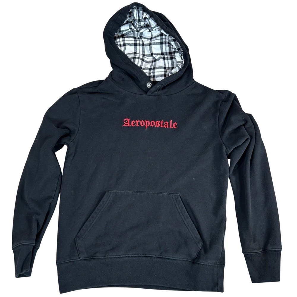 Aeropostale Mens XS Black Hoodie Red Gothic Embroidered Logo Plaid Hood Lining
